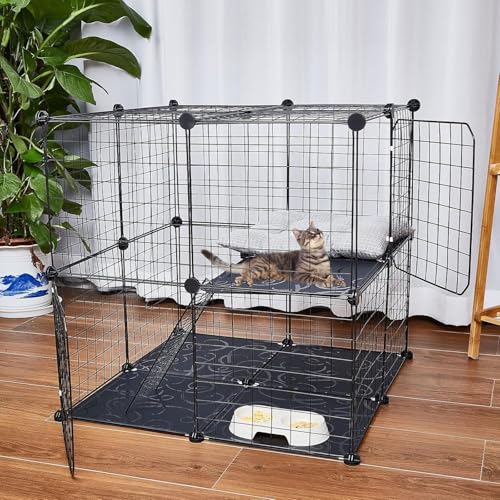 2 Tier Large Cat Cage Crate DIY Pet Playpen Detachable Dense Metal Wire Ferret Cage Indoor Cat Kennels for Kitten Puppy Bunny Exercise (Black, 27.56 x 27.56 x 27.56 Inches)