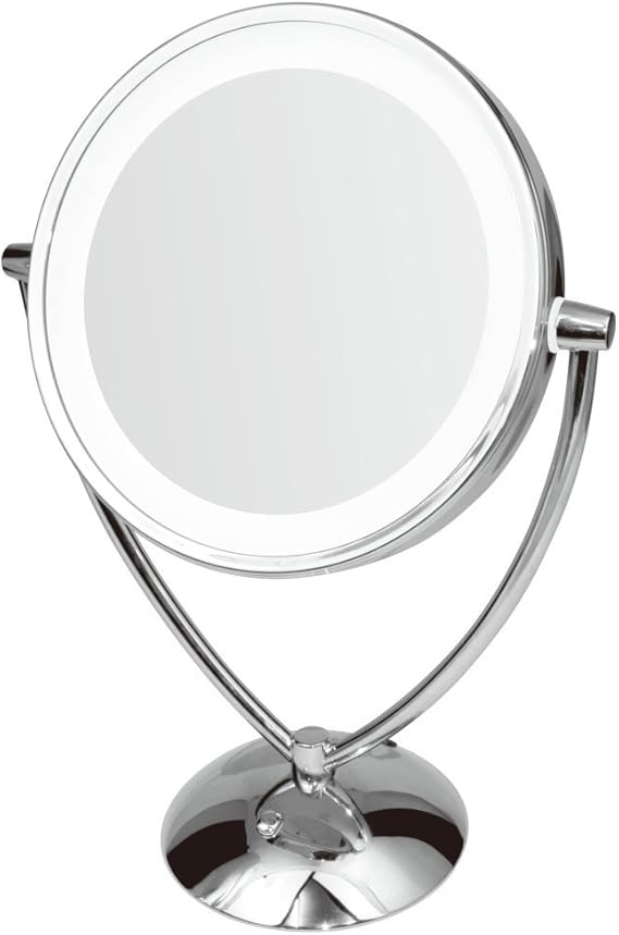 LED Illuminated 9.5" Double Sided Table Mirror 5x Magnified Battery Operated Dimmerable