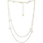 Long and Layered Pearl Station Necklace Faux Pearls on 18K Gold-Plated Beaded Chain