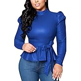 acelyn Women's Matte Mock Neck Turtleneck Long Sleeve Faux Leather Shirts Blouse Top with Belted