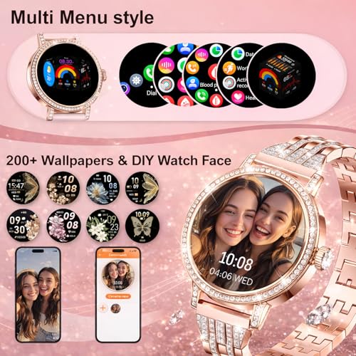 Fitoncloud Smart Watch for Women with Diamonds (Answer/Make Calls), 1.27" Display with Heart Rate/SpO2/Sleep Monitor, IP68 Waterproof Fitness Watch for Android & iPhone, 3 Bands, Rose Gold