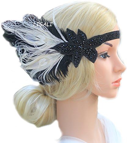 LISALI 1920s Flapper Headbands Great Gatsby Headpiece with Lvory Black Feather Crystals Hair Accessories