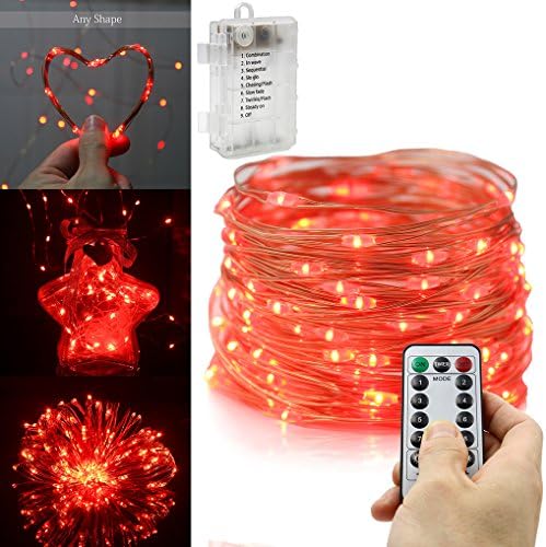 Xingpold LED 8 Modes String Lights 33ft 100LED Copper Wire String Lights, Battery Powered with Remote Control, for Outdoor,Indoor,Valentine'sday,Birthday,Christmas.Waterproof Red