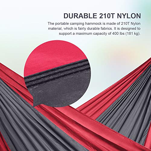 JBM Hammock Single Double Camping Lightweight Portable Parachute Hammock Outdoor Hiking Travel Backpacking - Nylon Hammock Swing - Support 400lbs with Nylon Ropes and Steel Carabiners (Gray & Red) - Thumbnail 4