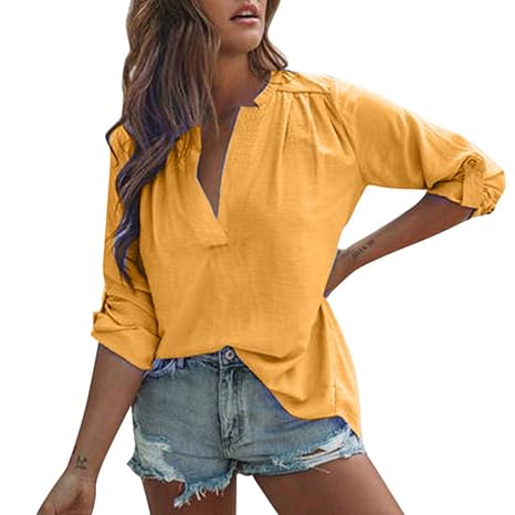 Watopi Damen Baumwoll-Leinen Tops lässiges T-Shirt Langarm Shirt einfarbig Bluse-Knopf Lose Blusen Poloshirt Tops