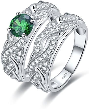 Jrose 925 Sterling Silver Emerald Elegant Anniversary Bridal Wedding Band Engagement Ring Set