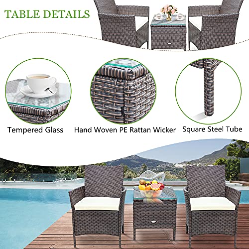 PAOLFOX Patio Conversation Furniture Sets 3pcs PE Rattan Wicker Chairs w/Table Outdoor Garden Sofa Washable Cushion & Tempered Glass Table top for Garden Poolside Balcony (Brown Sets + Beige Cushion)