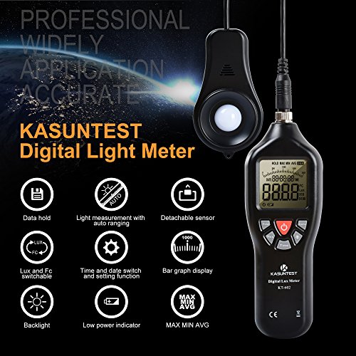 KASUNTEST Digital Lux Meter Photometer-Auto Ranging Light Meter 0.1 to 200000 Lux w/Max Min Avg,Hold,Backlight,Time and Units Function