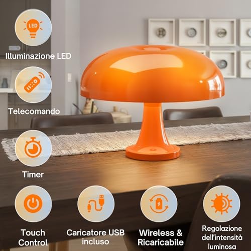 Wireless LED Bedside Lamp-Mushroom Lamp Vintage Design Space Age-Orange Table Lamp with Remote Control, USB Rechargeable Battery, 3 Colors, Touch Dimmer, Atmosphere Lighting