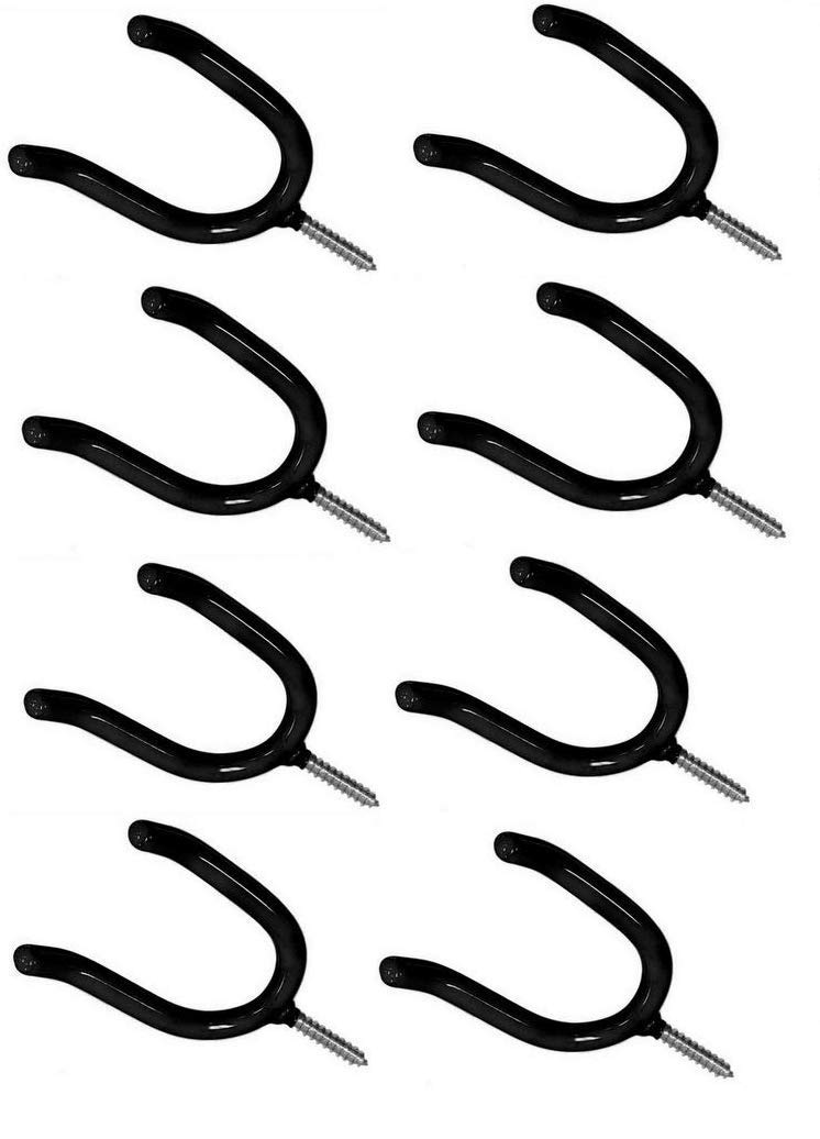 ALAZCO 8 Black Vinyl Coated Steel Wall Mount Screw-in Heavy Duty Tool Holders 4” Utility U-Hooks for Garage Workshop Storage Hang Shovels Rakes Brooms Garden Tools Sports Equipment Tennis Racket