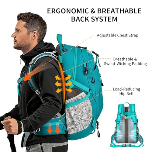 Amythe Teenager Hiking Backpack Large Capacity 33L, Lightweight Backpack with Chest Strap, Waterproof School Backpacks for Trekking, Viagens and Camping, Blue