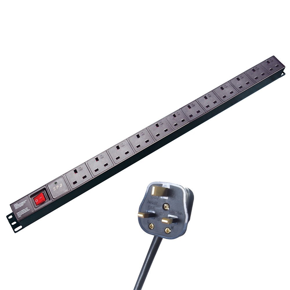 12 Socket Extension Lead PDU 3m Cable, Rack or Wall Mountable, Surge Protected, UK Plug by RGB Networks Ltd