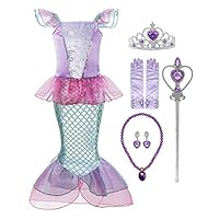 Padete Little Girl Mermaid Princess Costume Sequins Party Dress (9-10 Years, Pink with Accessories)