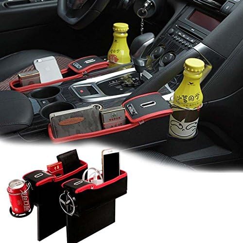 Leather Car Seat Side Organizer Storage Gap Filler Catcher Cup Holder Organizer (Black & Red)