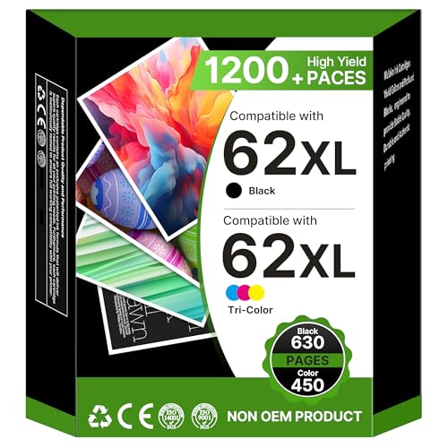 Washope 62XL 62XL Replacement Cartridge Cartridge for HP 62 Black and Colour for HP 62XL Ink for Envy 5640 5540 7640 5547 5548 5642 5644 OfficeJet 200 250 5740 5742 (1 Black, 1 Colour, 2 Pack)