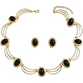 GLIMORA|Black Gemstone Jewelry Set: Gold - Plated Necklace & Earrings, Vintage - Inspired Design, Oval Black Stones, Elegant Party & Evening Wear Accessories