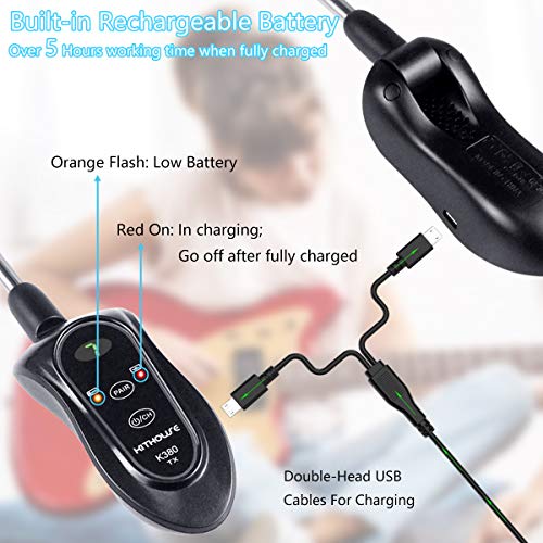 Kithouse K380 Wireless Guitar Transmitter Receiver System Set Rechargeable Guitar Wireless Cable with Carrying Bag for Electric Guitar Bass (Black)