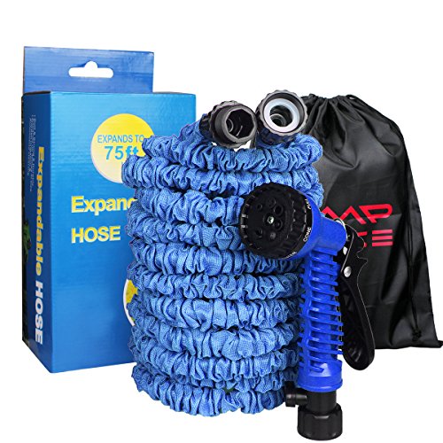 CampFENSE Garden Hose 7 Spray Modes with Storage Bag 50FT or 75FT Expandable Extra-Strength Latex Water Shrinking Hose Adjustable Durable Flexible Magic Hose (75FT, Blue)
