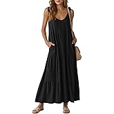 Wenrine Womens Summer Maxi Dress Casual Tie Strap Sleeveless V Neck Tiered Loose Flowy Beach Long Dresses with Pockets