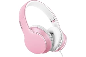 LORELEI X6 Over-Ear Headphones with Microphone, Lightweight Foldable & Portable Stereo Bass Headphones with 1.45M No-Tangle, Wired Headphones for Smartphone Tablet MP3 / 4 (Pearl Pink)
