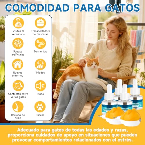 6 in 1 Pheromone Soothing Diffuser for Cats, Compatible with Common Diffusers, Pheromone Diffuser Cats 120 Days for Stress, Relaxation and Anxiety, for Cats and Kittens (2 Diffuser + 4 Refills)