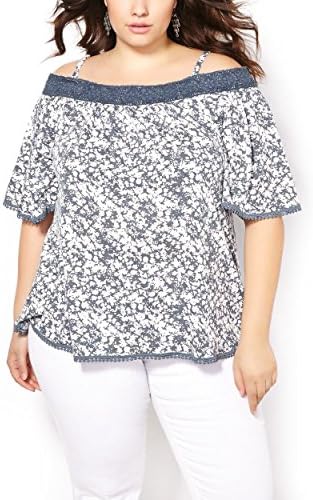 Penningtons Womens Plus Size Elbow Sleeve Off Shoulder Printed Top Dress Blues 2X