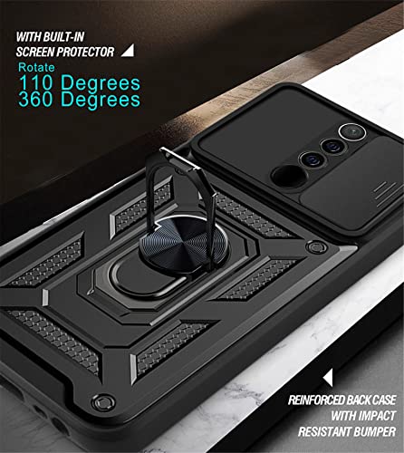 PANXIYUE Xiaomi Redmi 9 Case, Sliding Window Armoured Shockproof Dual Layer Hard PC and TPU Silicone with 360° Magnet Ring Stand Case Cover for Xiaomi Redmi 9, Black