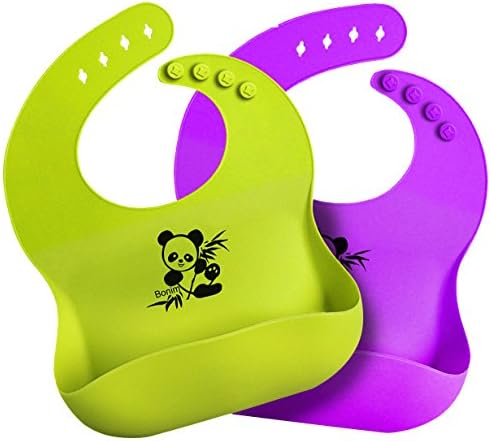onim Baby Bibs Waterproof Silicone Bib  Comfortable and Adjustable Soft Feeding Bibs for Infants and Toddlers (672Months) Easy to Clean, Dry, Portable and Keep Stains Off (Green and Purple)2Pack