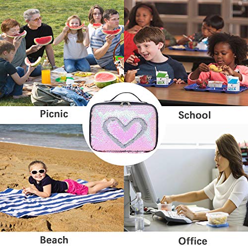 Manicer Sequin Lunch Box, Insulated Sparkle Lunch Bag Flip Color Change Reversible Fashion Lunch Tote, Ideal for Girls, Women and Kids - Laser Silver + Pink