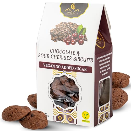 AMBROZIA VEGAN SNACK BISCUITS – CHOCOLATE & SOUR CHERRY – SOFT BAKED, NO ADDED SUGAR, CLEAN LABEL, HIGH FIBER & WHOLESOME INGREDIENTS, KID-FRIENDLY, HEALTHY SNACKS FOR ACTIVE LIFESTYLES, 4 X 4.58 OZ