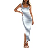MEROKEETY Women's 2026 Summer Spring Bodycon Midi Dress Beach Vacation Sleeveless Striped Ribbed Knit Party Sweater Dresses