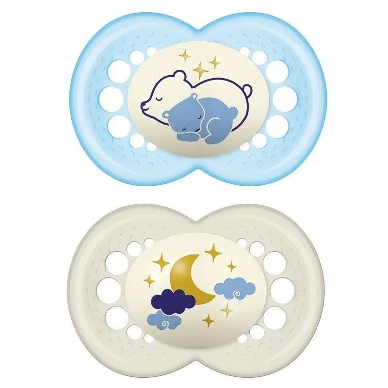MAM Natural Rubber Latex Pacifier, Glow in The Dark, from 16 Months, with Symmetrical, Flat and Flexible Teat, with Self-Sterilizing Box, Bright Neutral, Pack of 2