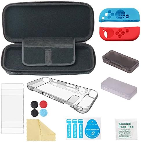 Protective Case for Nintendo Switch,iDeep Nintendo Switch Accessories Carrying Case+Game Card Storage Box+Transparent Protective Shell+Joy Con Gel Guard+Thumb Grips Caps+Screen Wipe+Protective Film