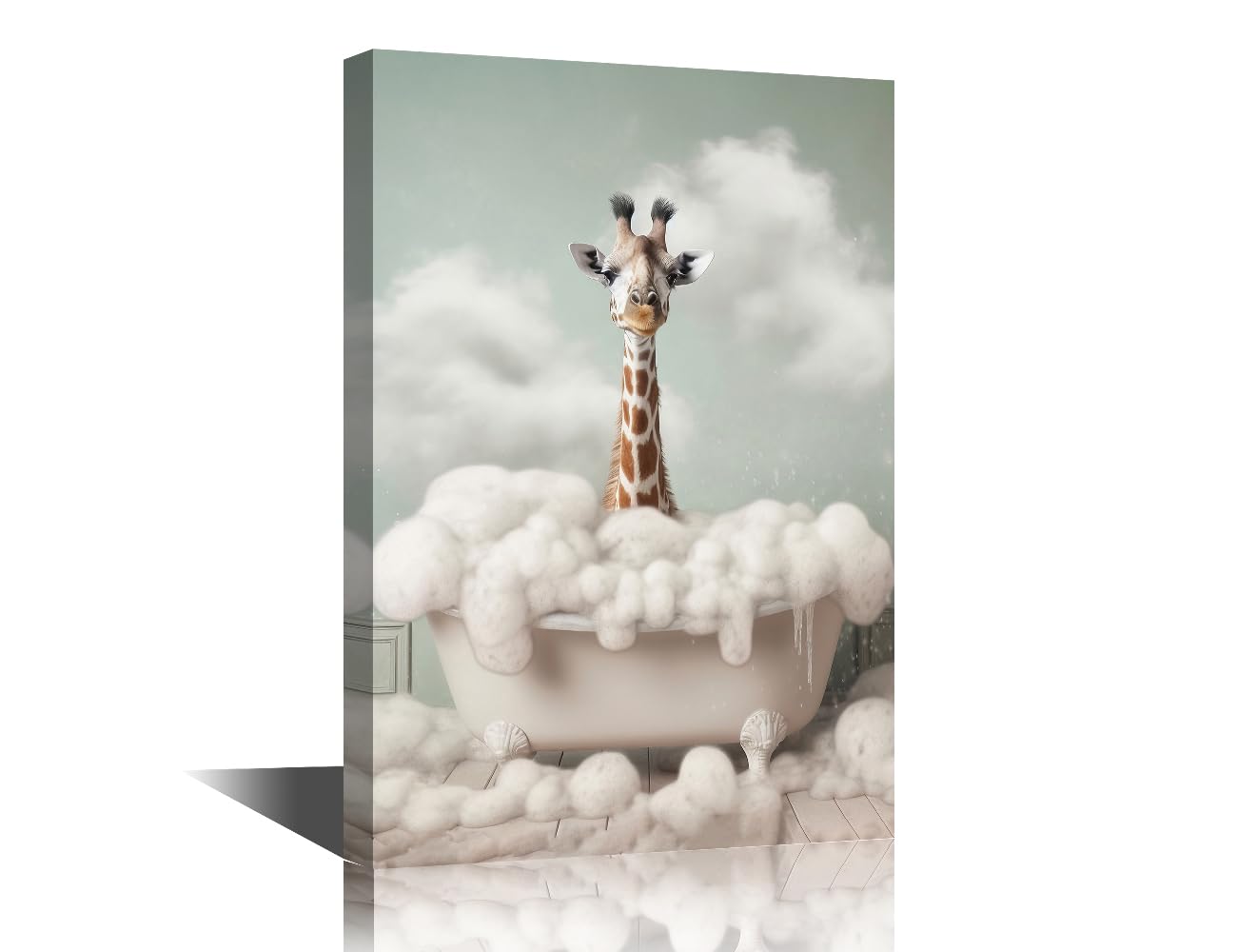 TISHIRON 1 Pieces Bathtub Animal Giraffe Pictures Home Decor Giraffe Bathing in the Bathtub Bathroom Wall Art Modern Home Decor Posters & Prints Stretched and Framed Ready to Hang (16" Wx24 H)