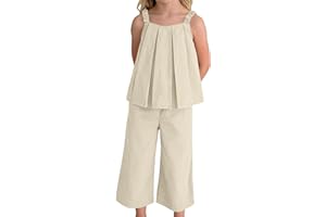 Girls Summer Outfits 2 Piece Set Sleeveless Loose Shirt and Baggy Trousers Kids Lightweight Plain Beach Holiday Suit