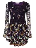 Jubby Floral Blouses Tunic, Ladies Womens Round Neck Tunic Top Flowered Pattern Vintage Lightweight Cute Shirts Full Sleeve Flared Comfy Running Knit Pullover Tee for Women X-Large Purple