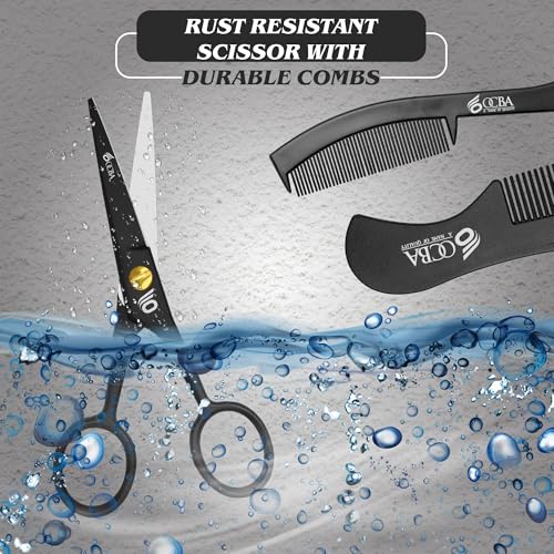 OCBA Beard Scissors, Professional Moustache Scissors, Ear Nose Hair Cutting Scissors Stainless Steel, Safe Use for Eyebrows (Black)