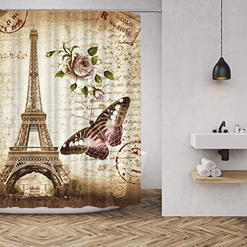 hipaopao Eiffel Tower Butterfly Flower Vintage Fabric Shower Curtain Sets Bathroom Decor with Hooks Waterproof Washable 72 x 72 inches Yellow Pink Green