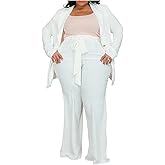 IyMoo Plus Size Suits for Women Business Open Front Long Sleeve Blazer Elastic Waist Solid Straight Leg Pant Set Suits