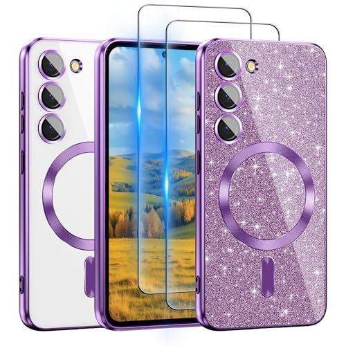 ATUMP for Samsung Galaxy S23 Case Compatible with MagSafe, [Glitter Card & 2PCS HD Screen Protectors] Cute Bling Sparkly [Never Yellowing], Slim Shockproof Anti-Scratch Soft Clear Case, Light Purple