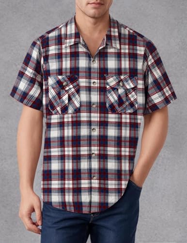 JOGAL MENS WESTERN COWBOY PLAID LINEN SHIRTS CASUAL BUTTON DOWN SHORT SLEEVE LIGHTWEIGHT REGULAR FIT SHIRTS RED MEDIUM
