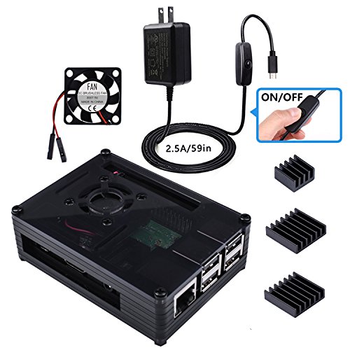 Miuzei Raspberry Pi 3 B+ Case with Fan, 3pcs Heatsinks, 2.5A Power Supply with ON/Off Switch Cable Compatible with Raspberry Pi 3 Model B+(B Plus), Pi 3 Model B.