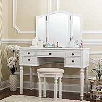 Fineboard Dressing Stool Beauty Station Makeup Table Three Mirror Vanity Set, 5 Organization Drawers, White