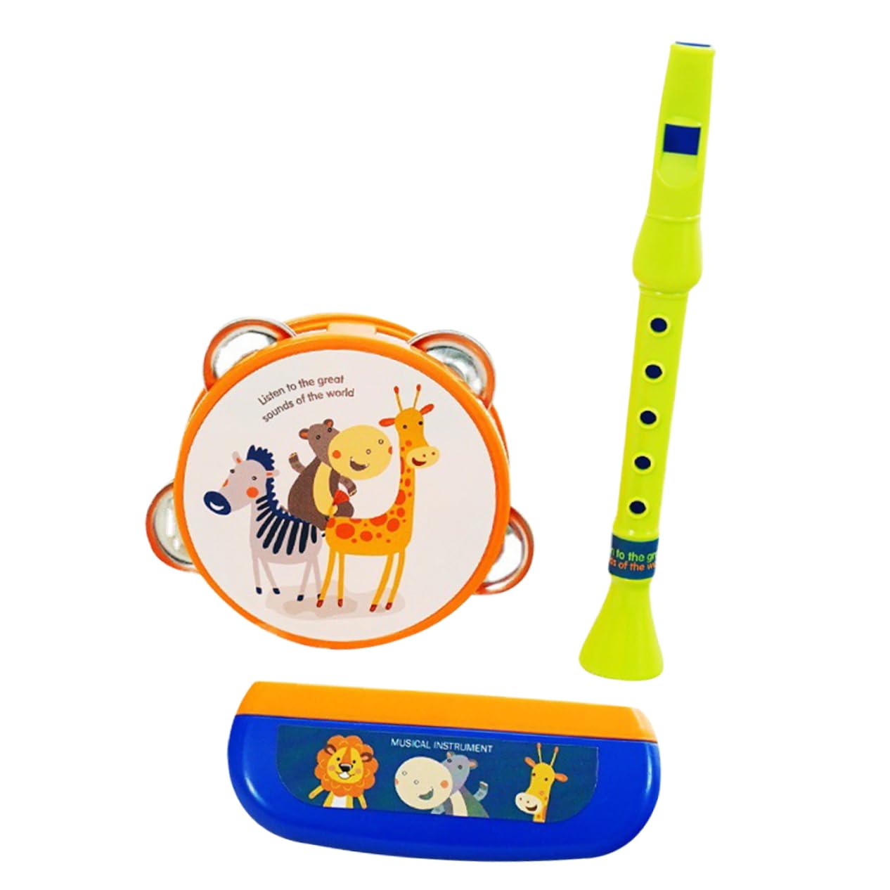 Kids Musical Instruments Set - Includes Piccolo Flute, Harmonica, Tambourine Drum - Fun Cartoon Design for Toddlers Music Learning and Play