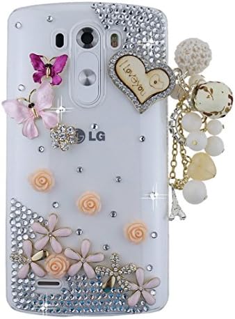 LG Leon Bling Case - Fairy Art Luxury 3D Sparkle Series Butterfly Heart Eiffel Tower Pendant Rose Flowers Crystal Design Back Cover with Soft Wallet Purse Red Cloth Pouch - Clear