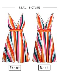 Vestido de rayas sin espalda para mujer Vestido de playa de verano colorido Vestido de verano con cuello en V profundo Vestido de gasa bohemio sexy