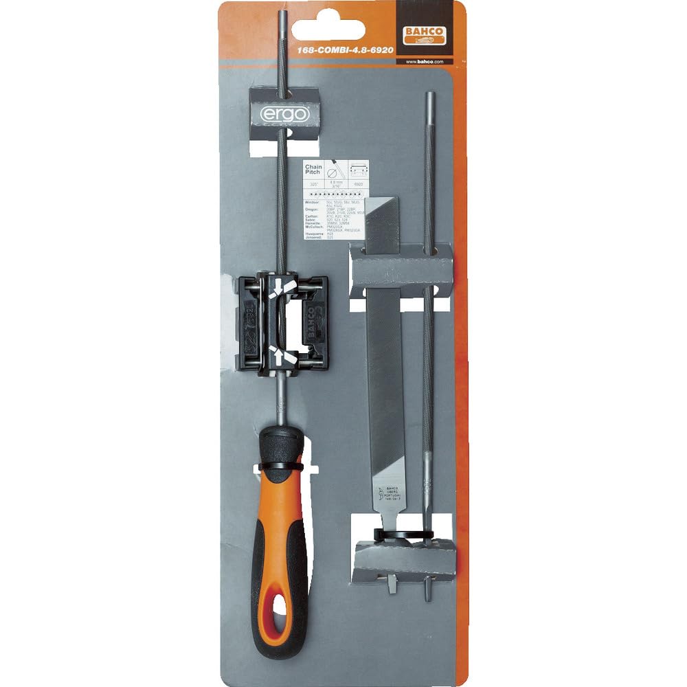 Bahco 168-COMBI-4.8-6920 "Ergo" Chain Saw Files Set with Filing Guide, Multi-Colour, 200/4.8 mm, Set of 3 Piece