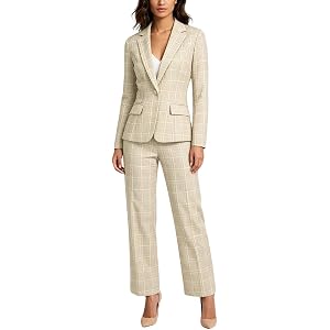 Lamgool Women's Plaid 2 Piece Pant Suits Business Work Office Blazer and Straight Leg Pant Set