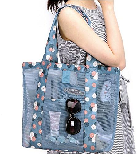 Zegailian Mesh Beach Bag - Toy Tote Bag - Large Lightweight Market, Grocery &amp; Picnic Tote with Oversized Pockets(blue)