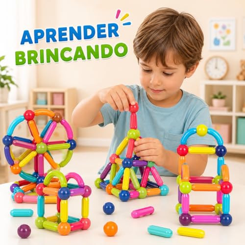 Blocos de Montar Magnéticos 64 Peças Construção 2D 3D Brinquedo Educativo Infantil Criatividade STEM Ímã Resistente Caixa